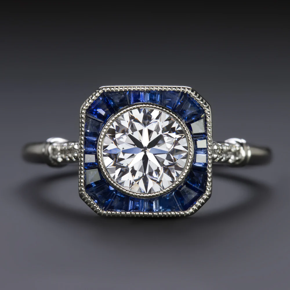 1ct GIA CERTIFIED DIAMOND SAPPHIRE RING VINTAGE STYLE TARGET HALO 14k WHITE GOLD