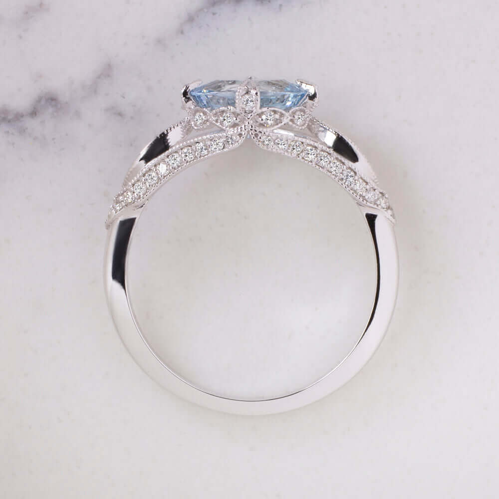 1ct NATURAL AQUAMARINE DIAMOND RING OVAL VINTAGE STYLE WHITE GOLD BLUE EAST WEST - Image 3