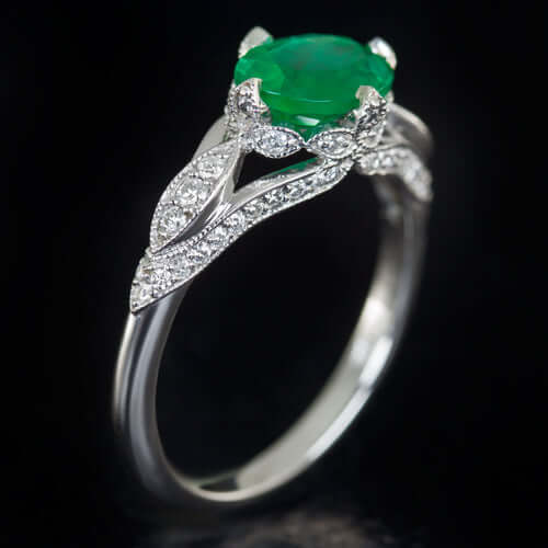 1ct NATURAL EMERALD DIAMOND VINTAGE STYLE COCKTAIL RING ART DECO 10k WHITE GOLD