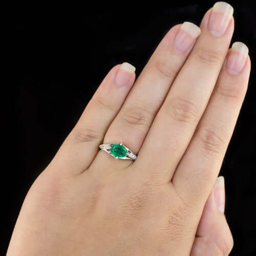 1ct NATURAL EMERALD DIAMOND VINTAGE STYLE COCKTAIL RING ART DECO 10k WHITE GOLD - Image 4