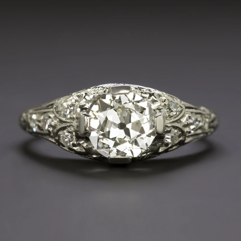1ct OLD EUROPEAN CUT DIAMOND ENGAGEMENT RING PLATINUM ART DECO ENGRAVED NATURAL