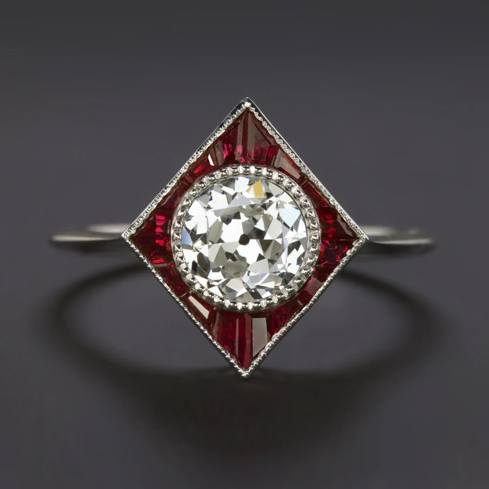 1ct OLD EUROPEAN CUT DIAMOND RUBY RING GIA CERTIFIED COCKTAIL 14k WHITE GOLD