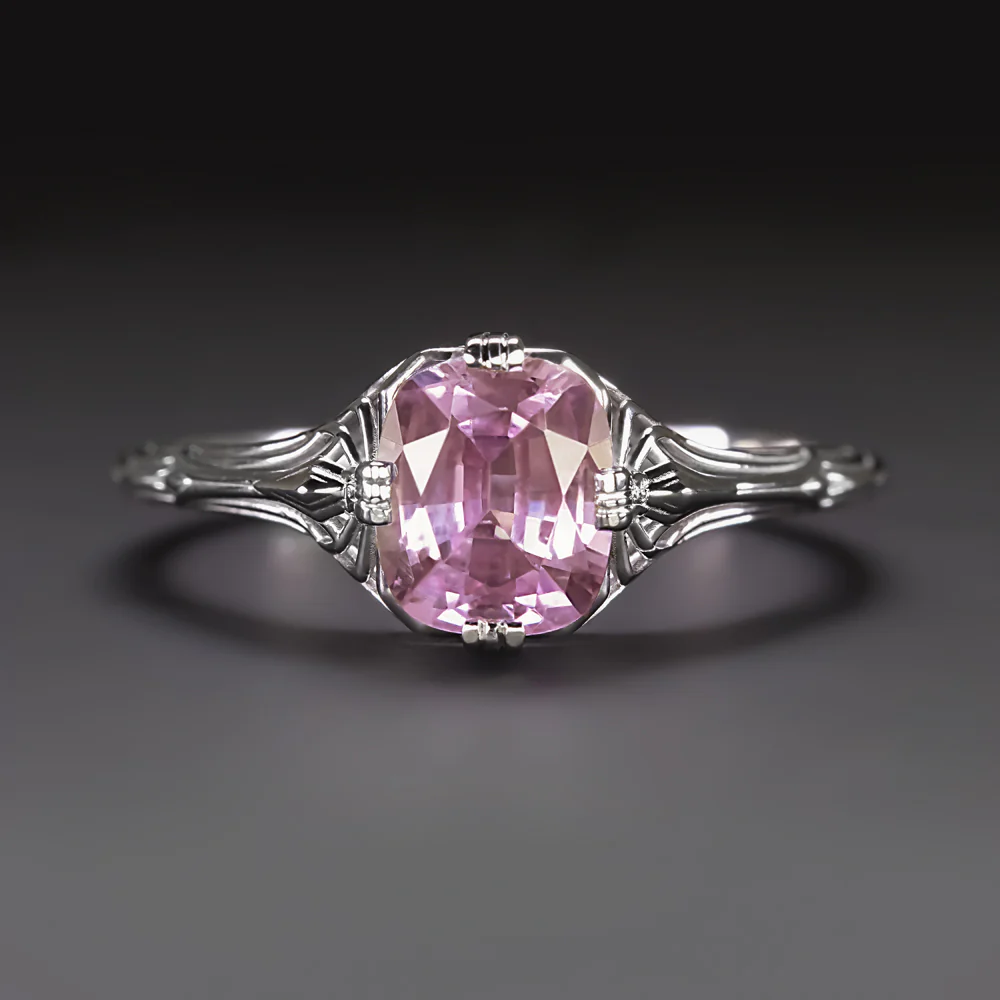 1ct PINK SAPPHIRE VINTAGE STYLE SOLITAIRE RING 14k WHITE GOLD FILIGREE NATURAL