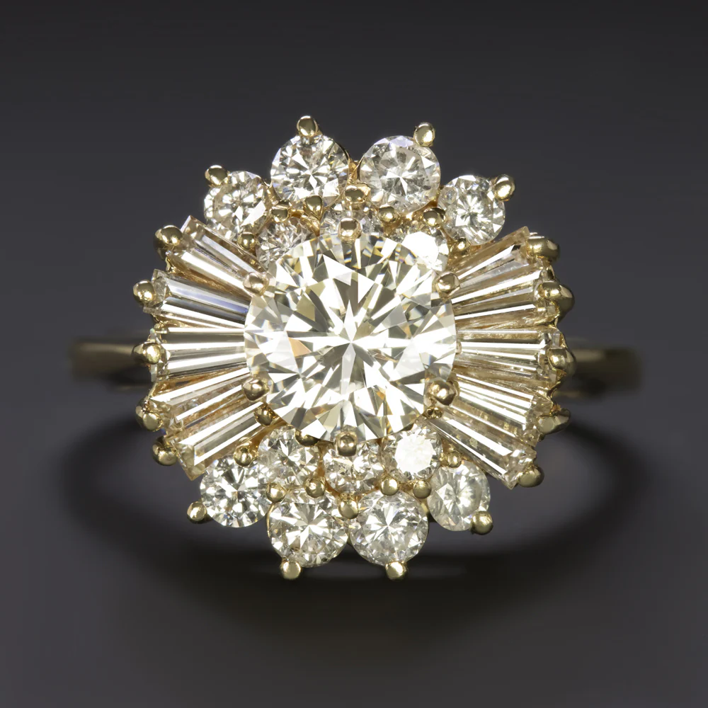 2.10ct DIAMOND COCKTAIL RING 14k YELLOW GOLD NATURAL BALLERINA ROUND BALLERINA