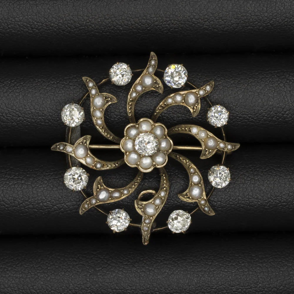 2.30c OLD MINE CUT DIAMOND PEARL PIN ANTIQUE ART NOUVEAU 14k YELLOW GOLD PENDANT