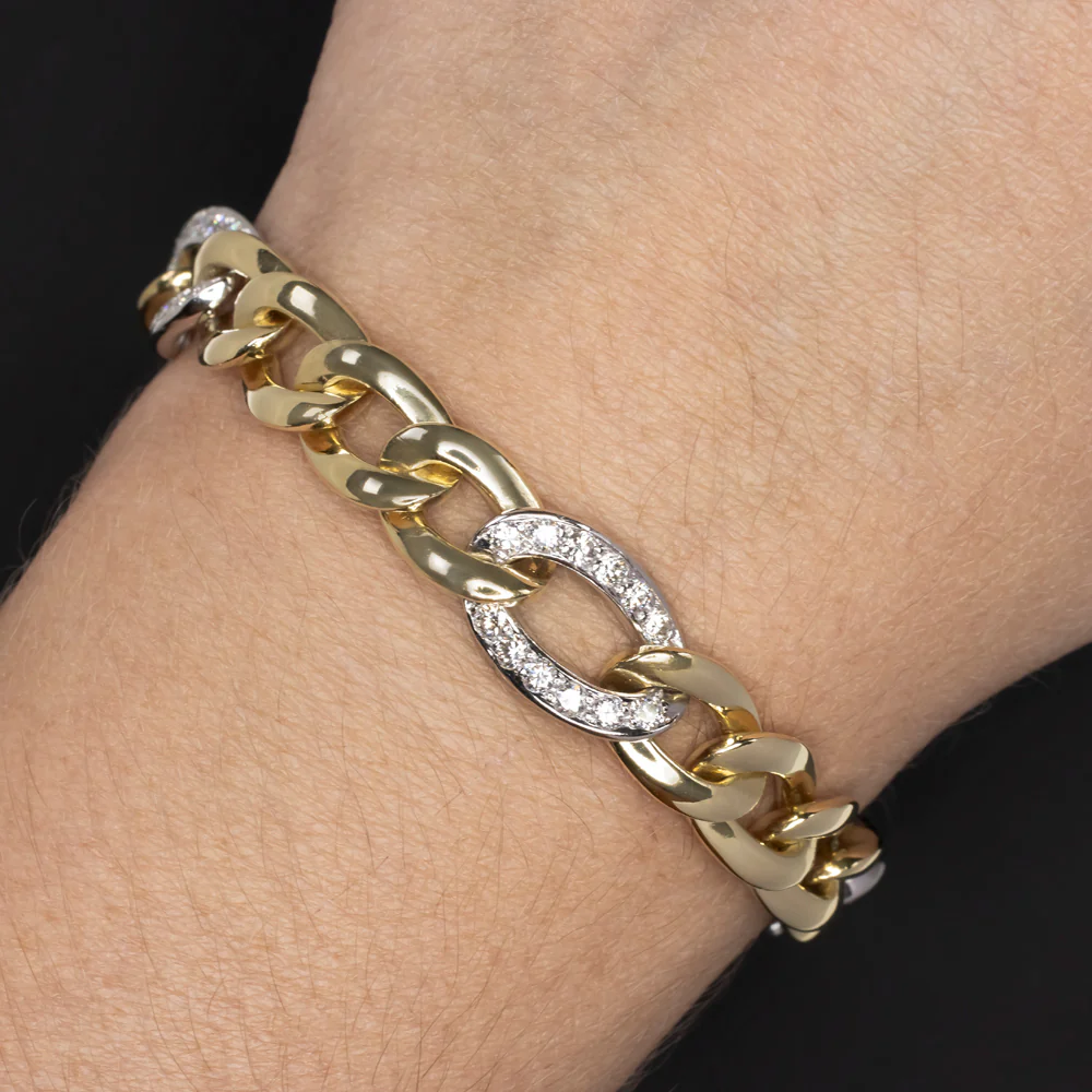 2.30ct DIAMOND 18k YELLOW GOLD BRACELET 45.4gm F-H VS CURB CHAIN CHUNKY ESTATE - Image 2