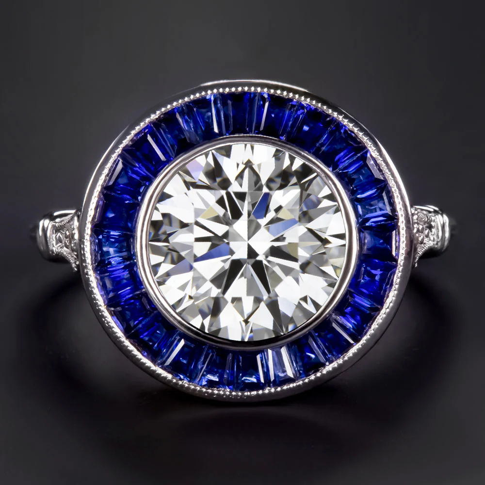 2.5ct LAB CREATED DIAMOND SAPPHIRE ENGAGEMENT RING CERTIFIED VINTAGE STYLE HALO