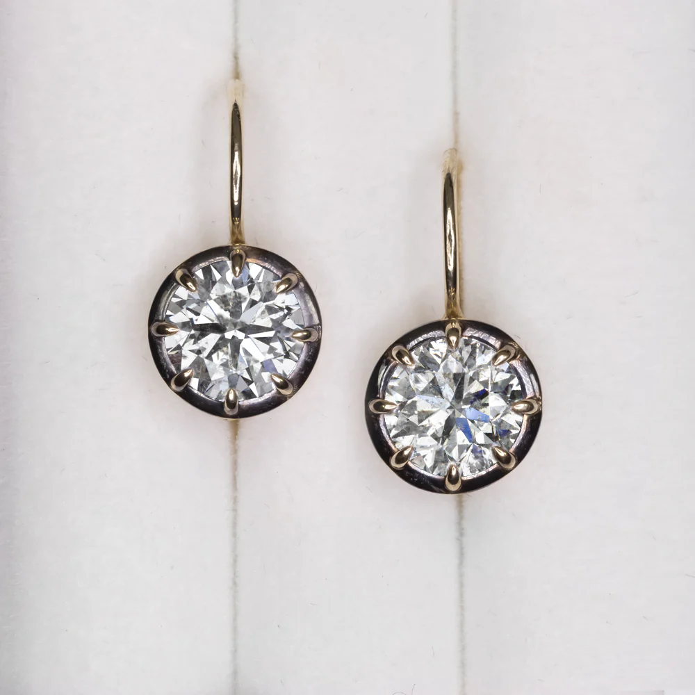2.60ct DIAMOND DROP EARRINGS VINTAGE STYLE COLLET VICTORIAN ROUND YELLOW GOLD