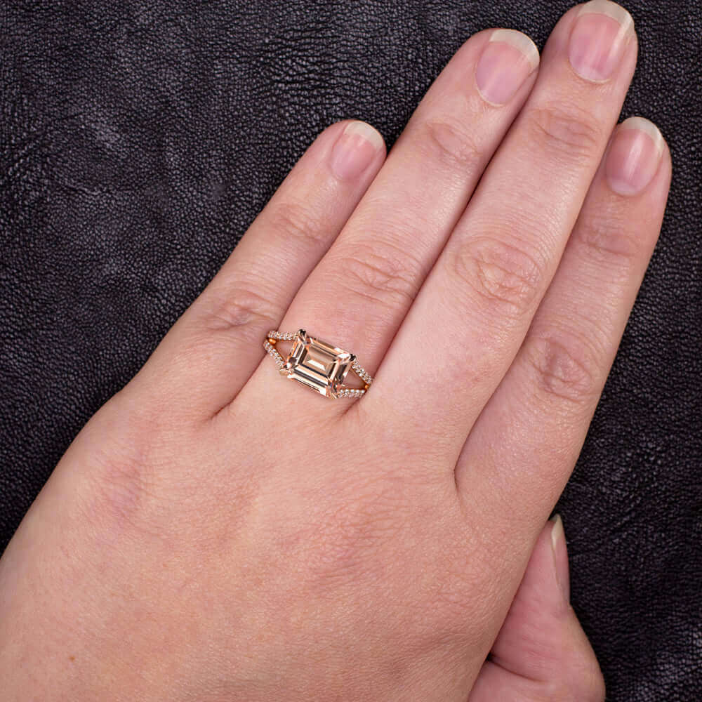 2.7 EMERALD CUT MORGANITE .60ct DIAMOND COCKTAIL RING EAST WEST PINK ROSE GOLD - Image 4