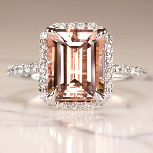 2.7 EMERALD CUT PEACH PINK MORGANITE 0.6 DIAMOND ENGAGEMENT RING HALO 10k GOLD - Image 2