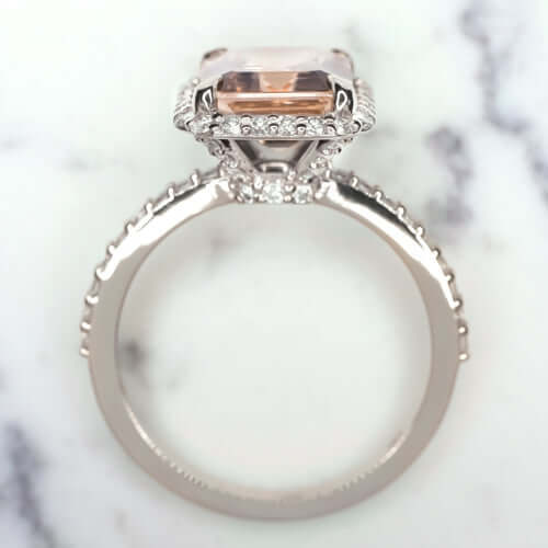2.7 EMERALD CUT PEACH PINK MORGANITE 0.6 DIAMOND ENGAGEMENT RING HALO PLATINUM - Image 3