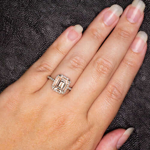 2.7 EMERALD CUT PEACH PINK MORGANITE 0.6 DIAMOND ENGAGEMENT RING HALO WHITE GOLD - Image 4