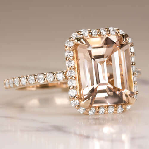 2.7ct EMERALD CUT PEACH MORGANITE 0.62c DIAMOND ENGAGEMENT RING HALO ROSE GOLD - Image 2