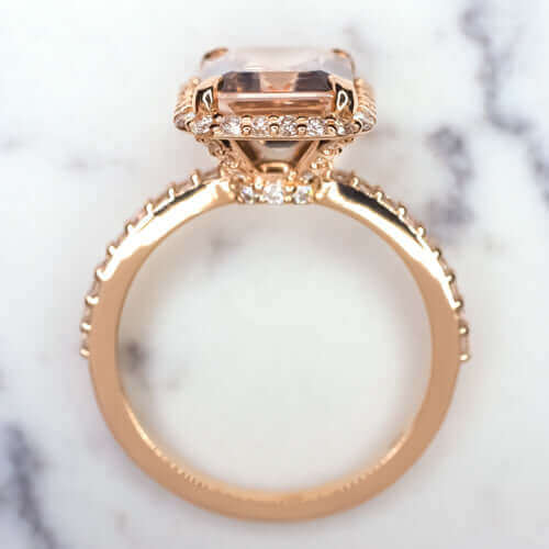 2.7ct EMERALD CUT PEACH MORGANITE 0.62c DIAMOND ENGAGEMENT RING HALO ROSE GOLD - Image 3