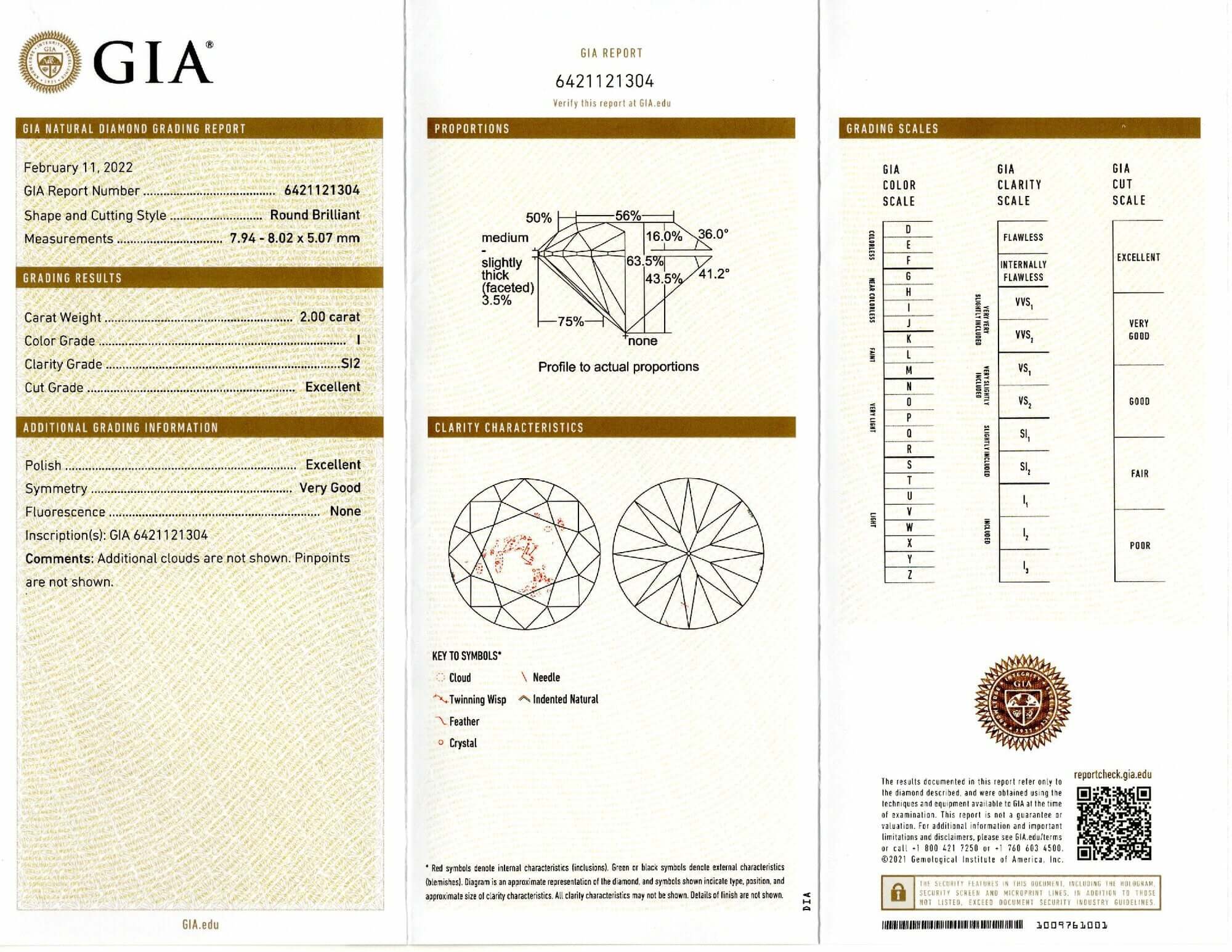 2 CARAT GIA CERTIFIED I SI2 DIAMOND EXCELLENT CUT ROUND BRILLIANT LOOSE NATURAL - Image 2