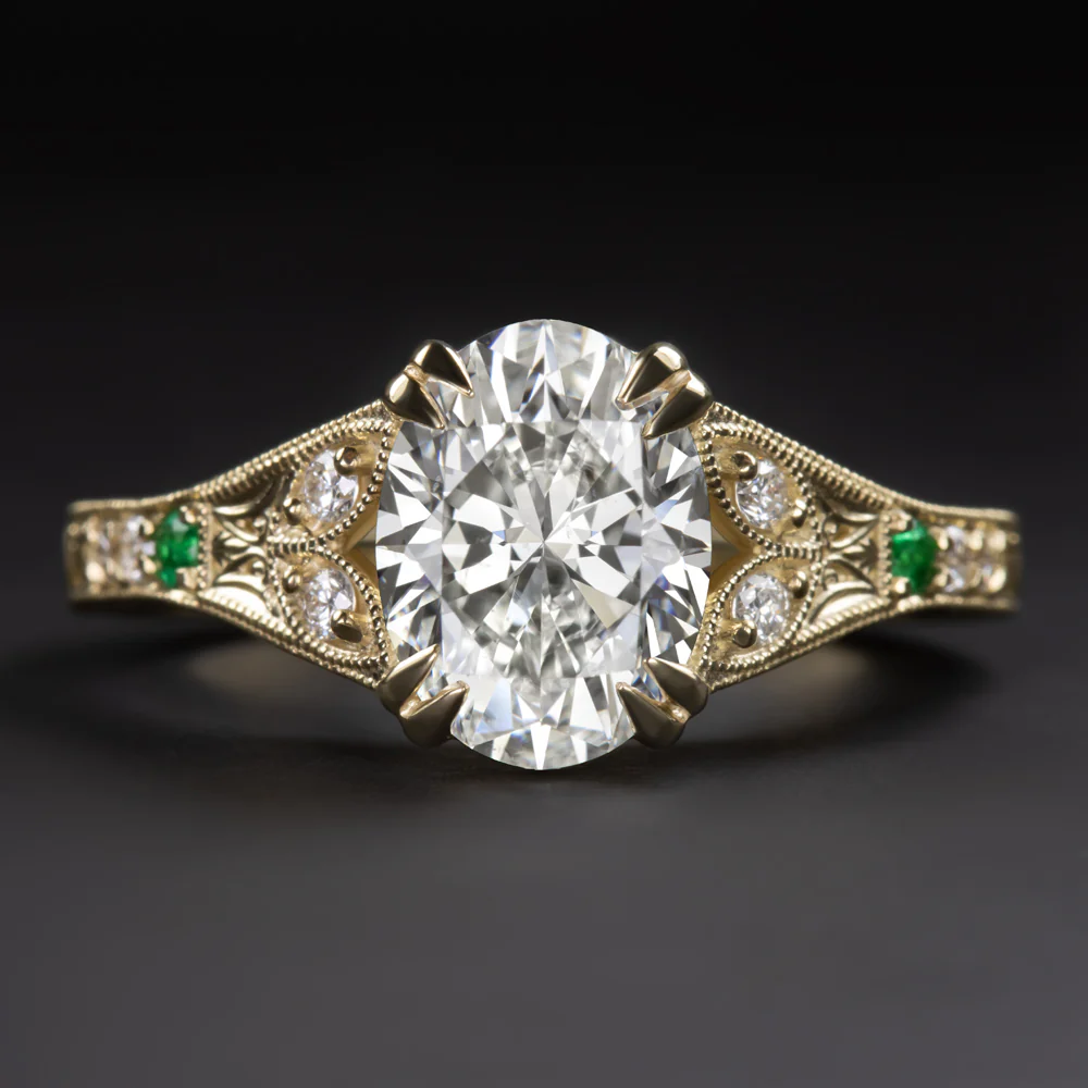 2 CARAT GIA CERTIFIED VINTAGE STYLE DIAMOND RING OVAL FLORAL EMERALD YELLOW GOLD