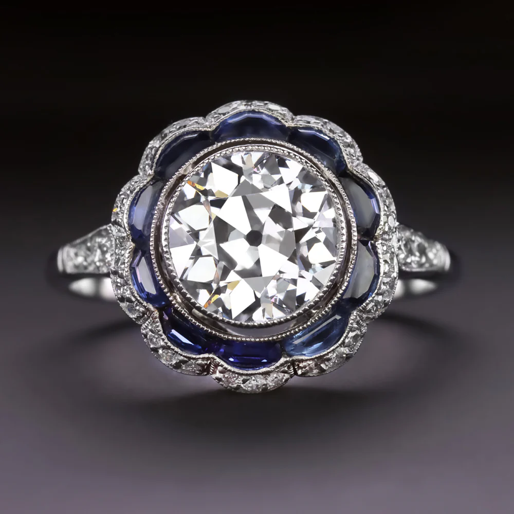 2 CARAT OLD EUROPEAN CUT DIAMOND SAPPHIRE RING PLATINUM VINTAGE STYLE SCALLOPED