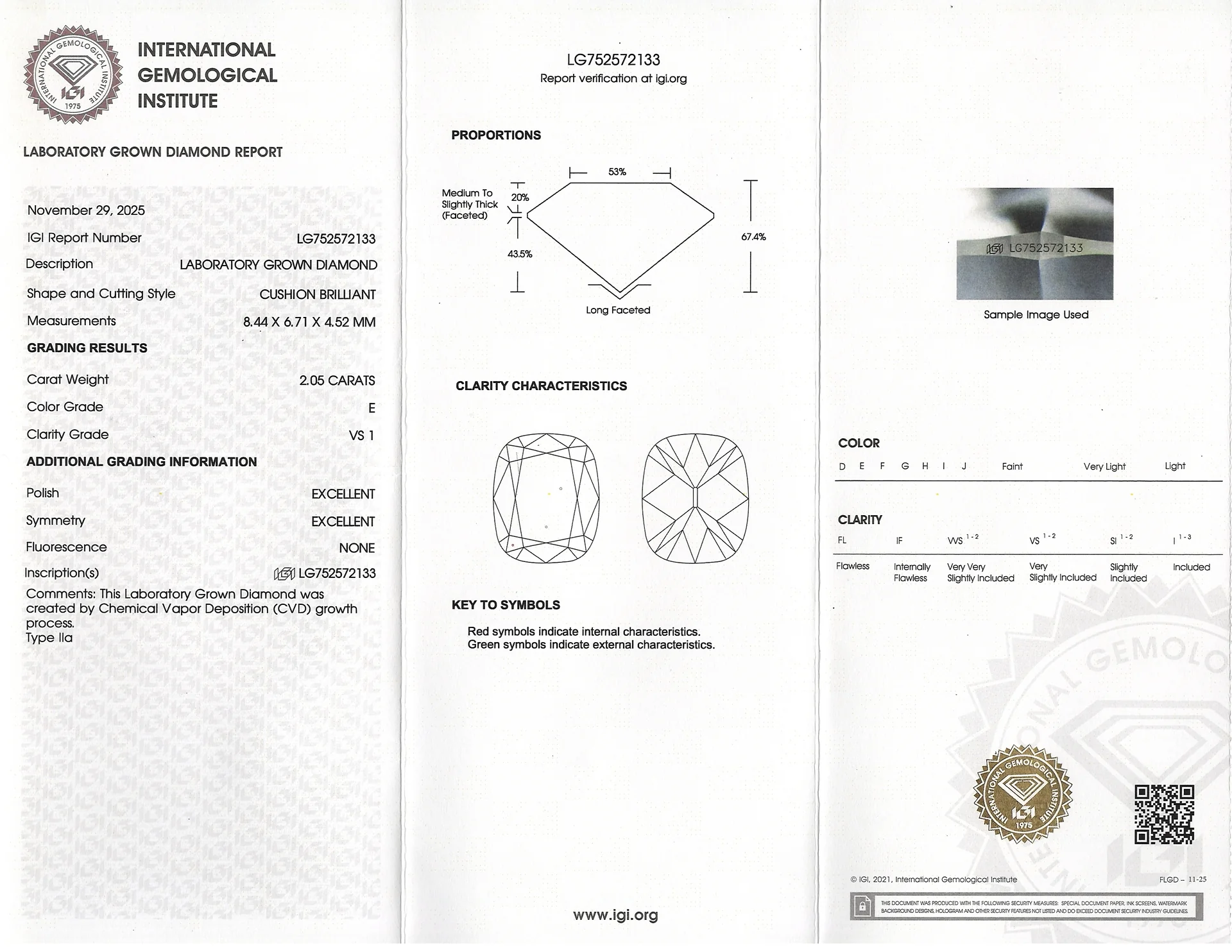 2 CARAT OLD MINE CUT LAB CREATED DIAMOND IGI CERTIFIED E VS1 CUSHION BRILLIANT - Image 2