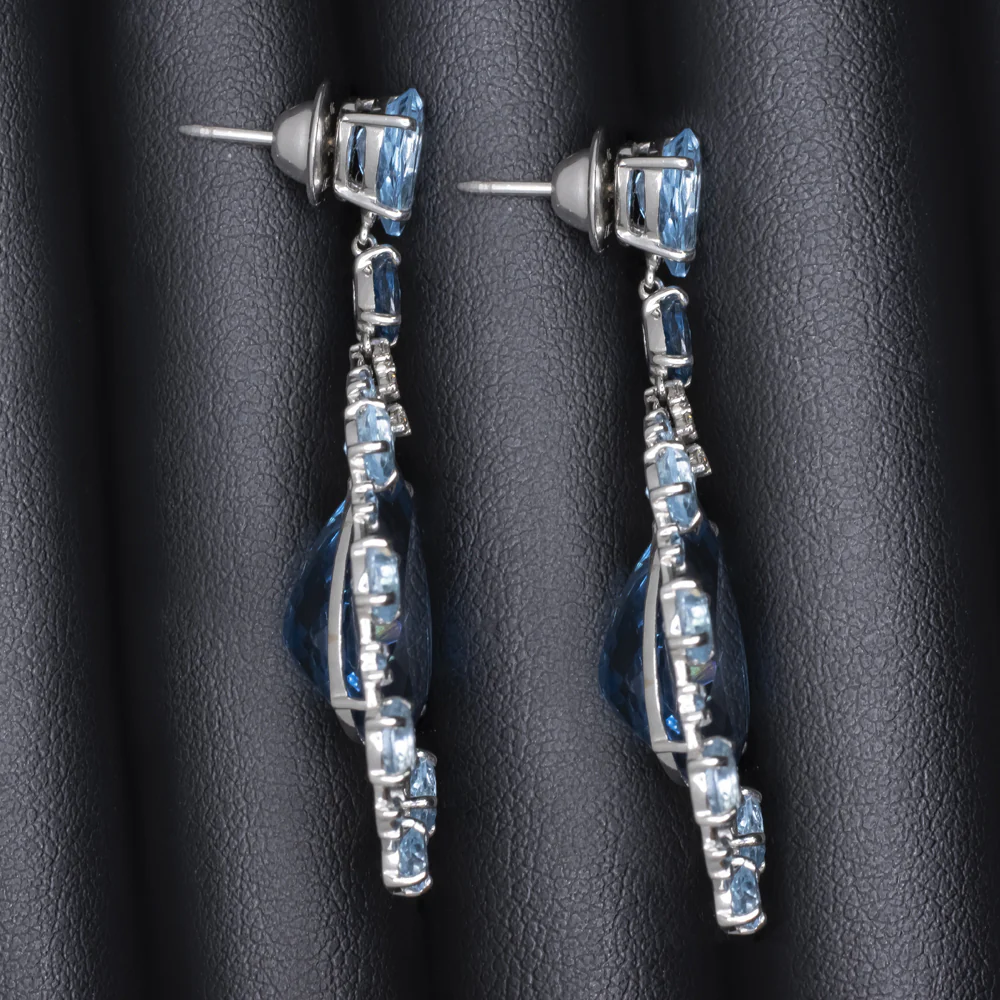 29ct LONDON BLUE TOPAZ 18k WHITE GOLD DANGLE EARRINGS BIG PEAR SHAPE DROP HALO - Image 2
