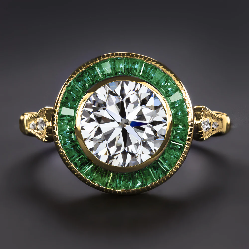 2ct DIAMOND EMERALD RING GIA CERTIFIED I VS ROUND VINTAGE STYLE HALO YELLOW GOLD