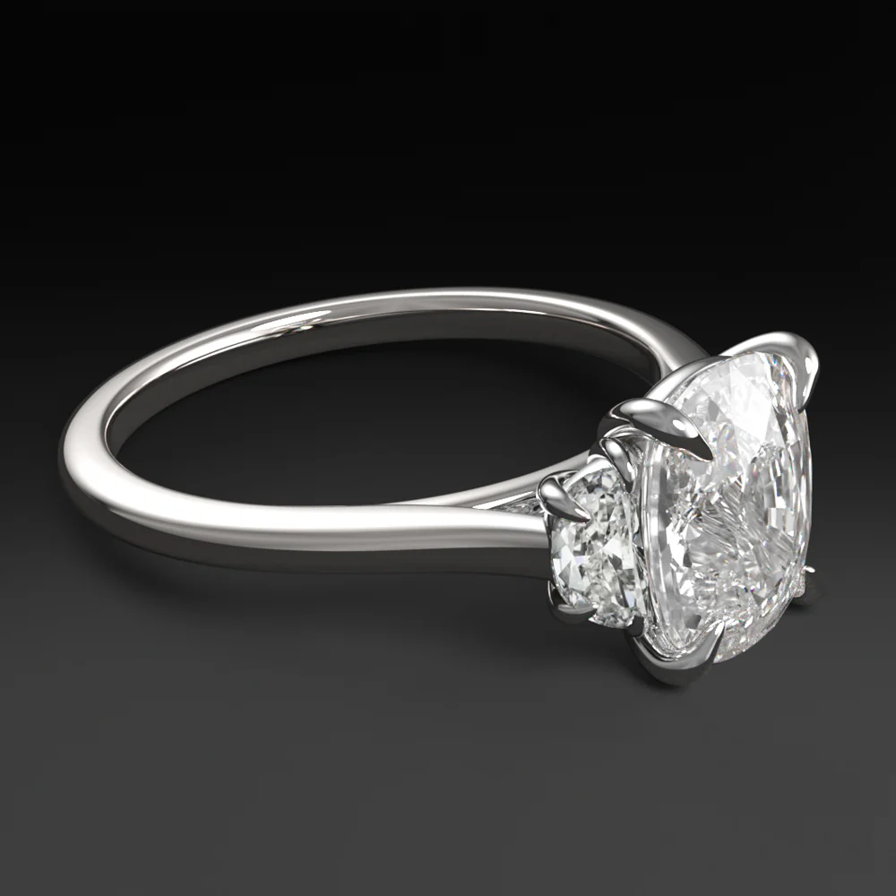 2ct LAB CREATED DIAMOND ENGAGEMENT RING 3 STONE CUSHION HALF MOON CUT WHITE GOLD - Image 2