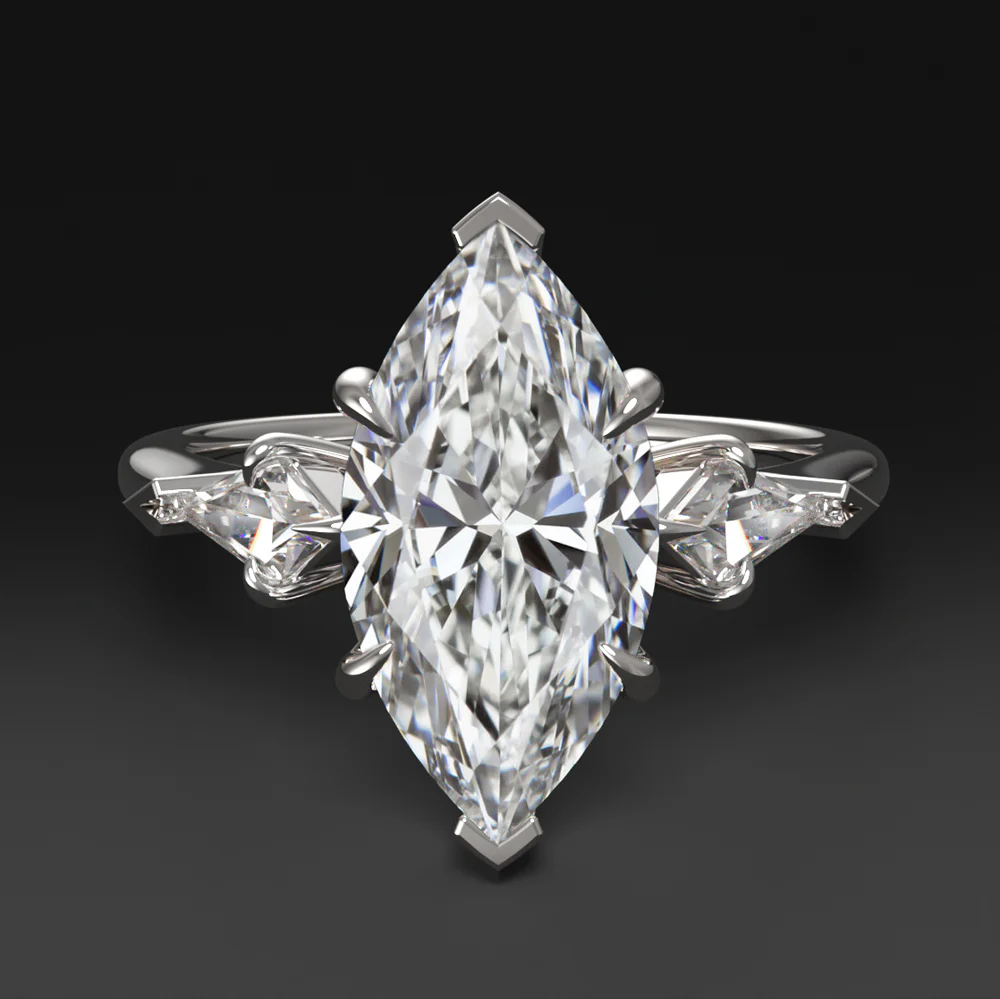 2ct LAB CREATED DIAMOND ENGAGEMENT RING 3 STONE MARQUISE KITE CUT 14k WHITE GOLD