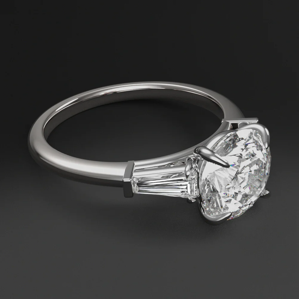 2ct LAB CREATED DIAMOND ENGAGEMENT RING 3 STONE ROUND BAGUETTE 10k WHITE GOLD - Image 2