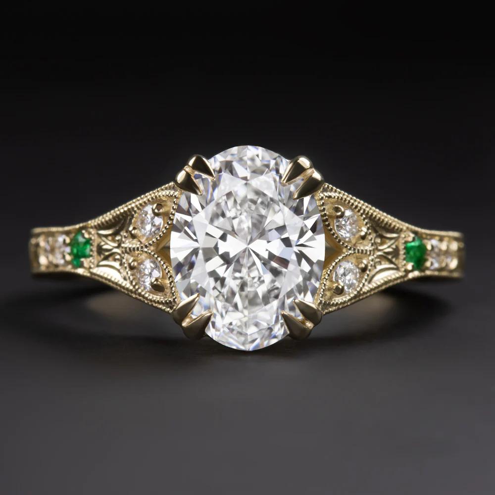 2ct VINTAGE STYLE LAB CREATED DIAMOND RING CERTIFIED OVAL FLORAL EMERALD GOLD