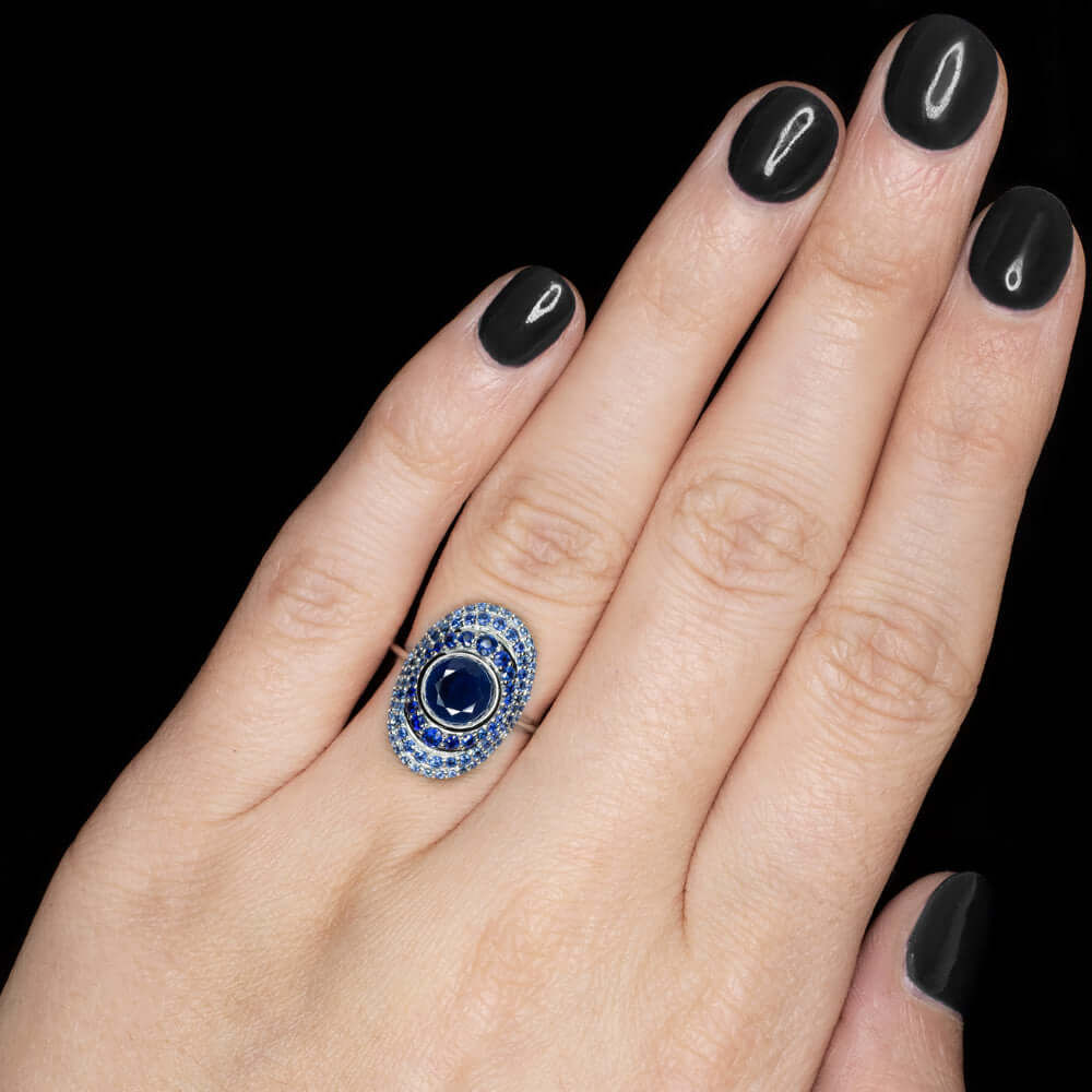 3.25ct SAPPHIRE COCKTAIL RING ROUND GRADIENT WHITE GOLD DOME STATEMENT BIG OMBRE - Image 3