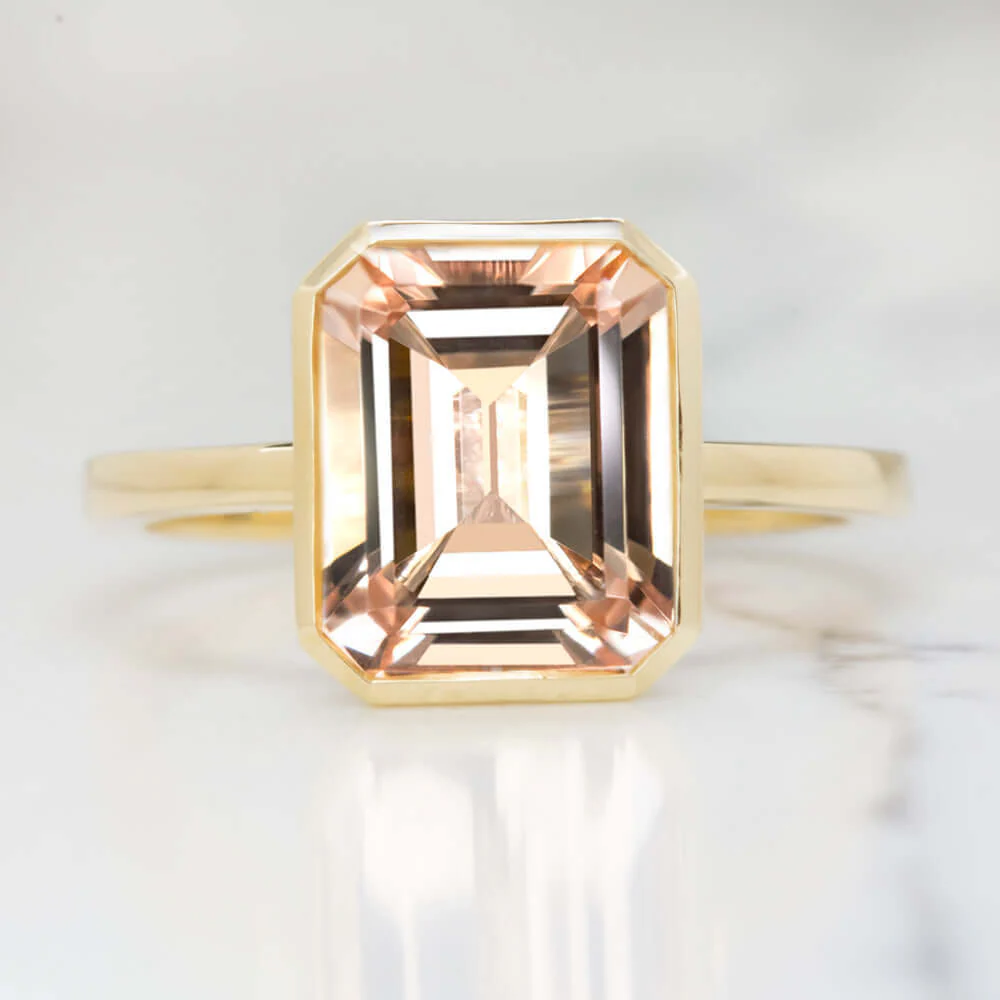 3.4ct EMERALD CUT MORGANITE SOLITAIRE RING BEZEL 10K YELLOW GOLD PINK NATURAL