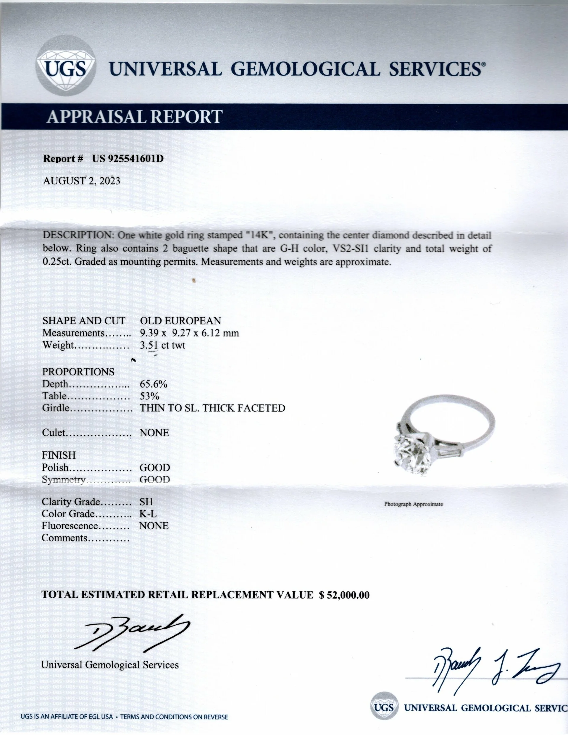 3.5 CARAT OLD EUROPEAN CUT DIAMOND ENGAGEMENT RING CERTIFIED VINTAGE WHITE GOLD - Image 3