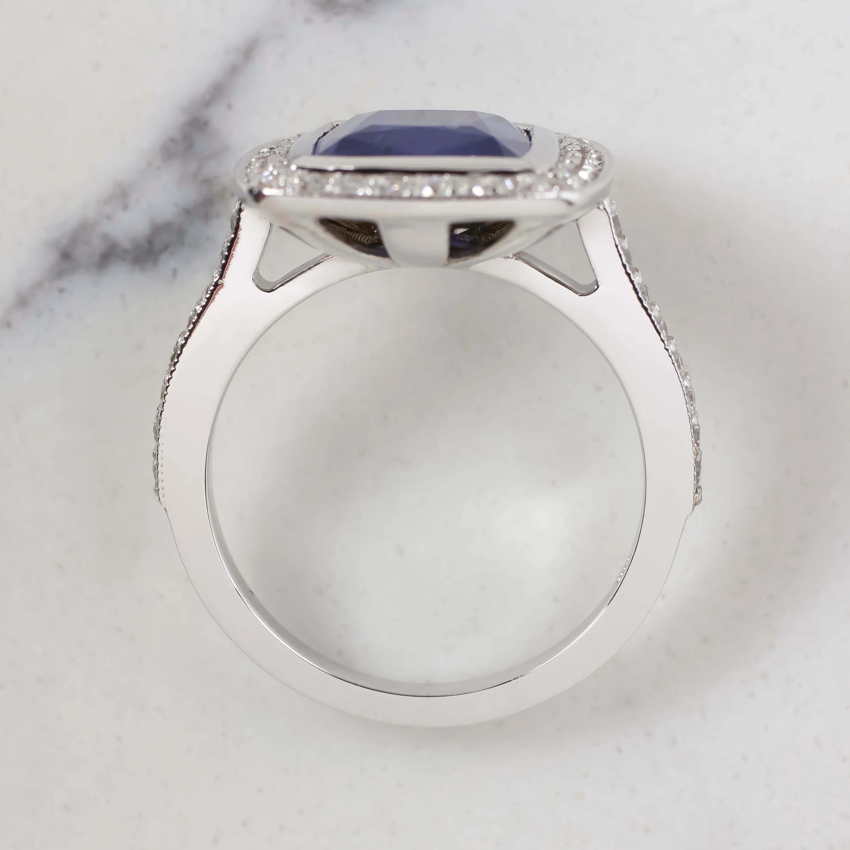3.5ct SAPPHIRE DIAMOND COCKTAIL RING GIA CERTIFIED HALO CUSHION SHAPE WHITE GOLD - Image 3