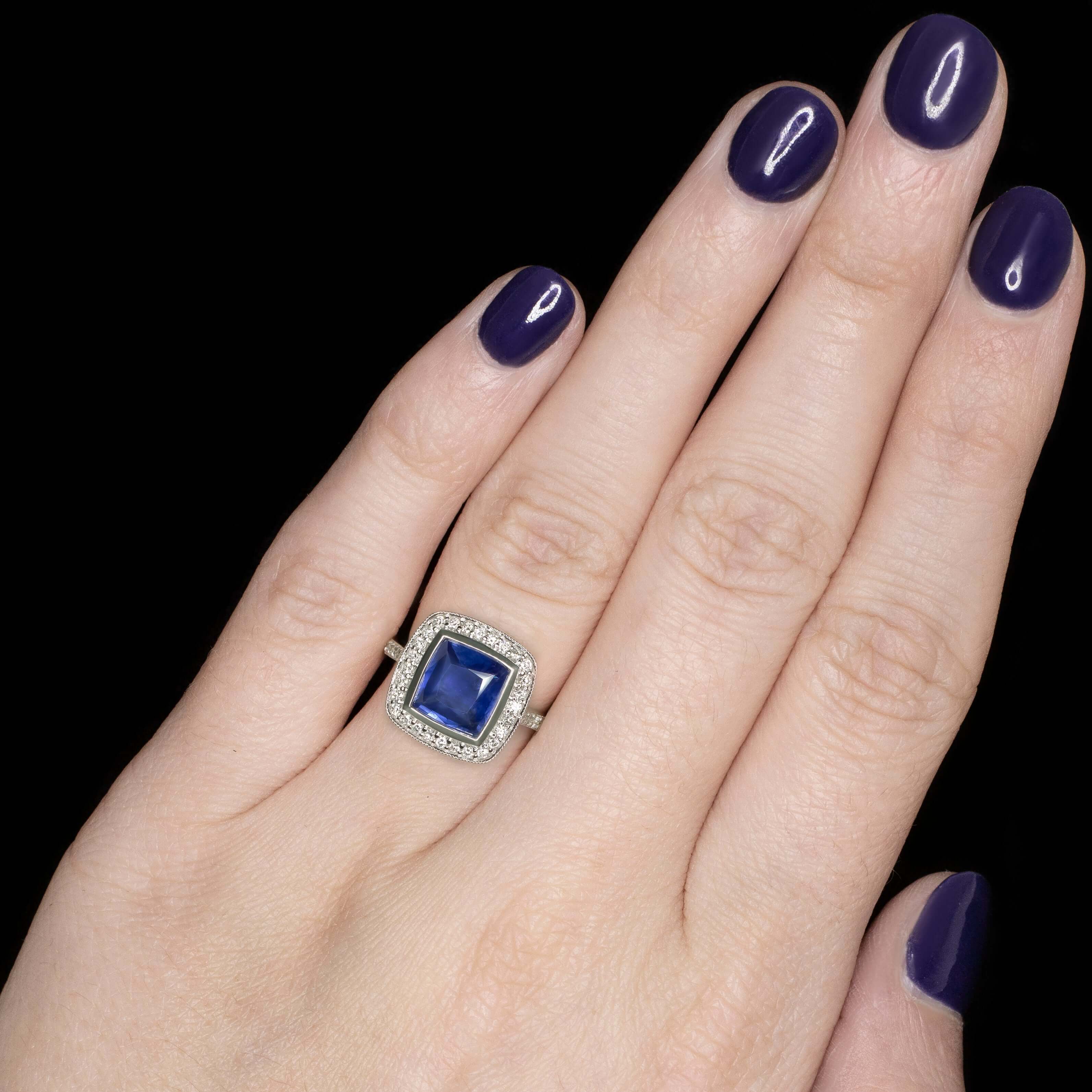 3.5ct SAPPHIRE DIAMOND COCKTAIL RING GIA CERTIFIED HALO CUSHION SHAPE WHITE GOLD - Image 4