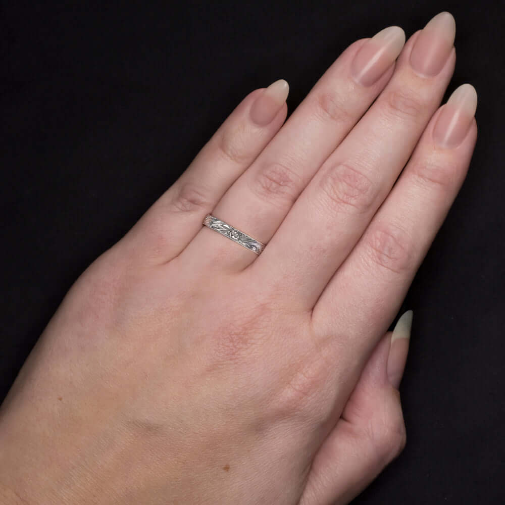 3.5mm HAND ENGRAVED VINTAGE STYLE WEDDING BAND 14k WHITE GOLD RING BLOSSOM - Image 3
