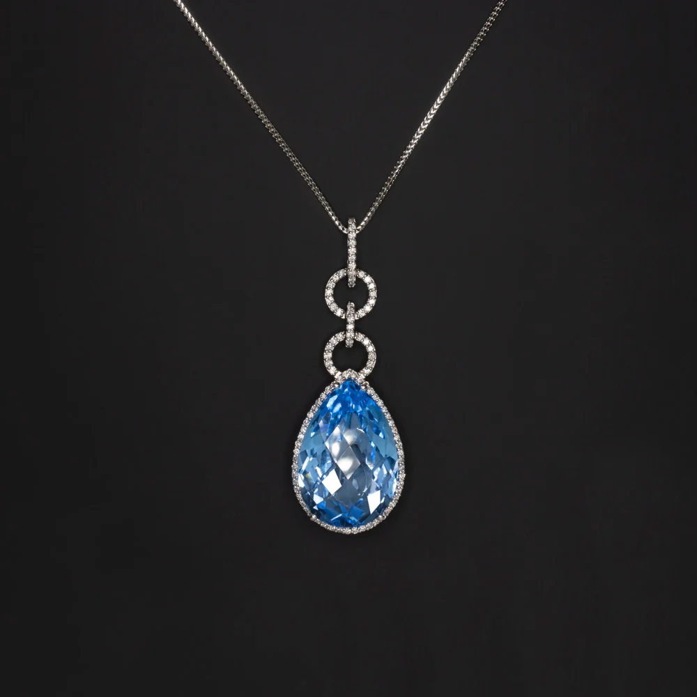 30ct BLUE TOPAZ DIAMOND NECKLACE DROP PENDANT 18k WHITE GOLD PEAR SHAPE NATURAL