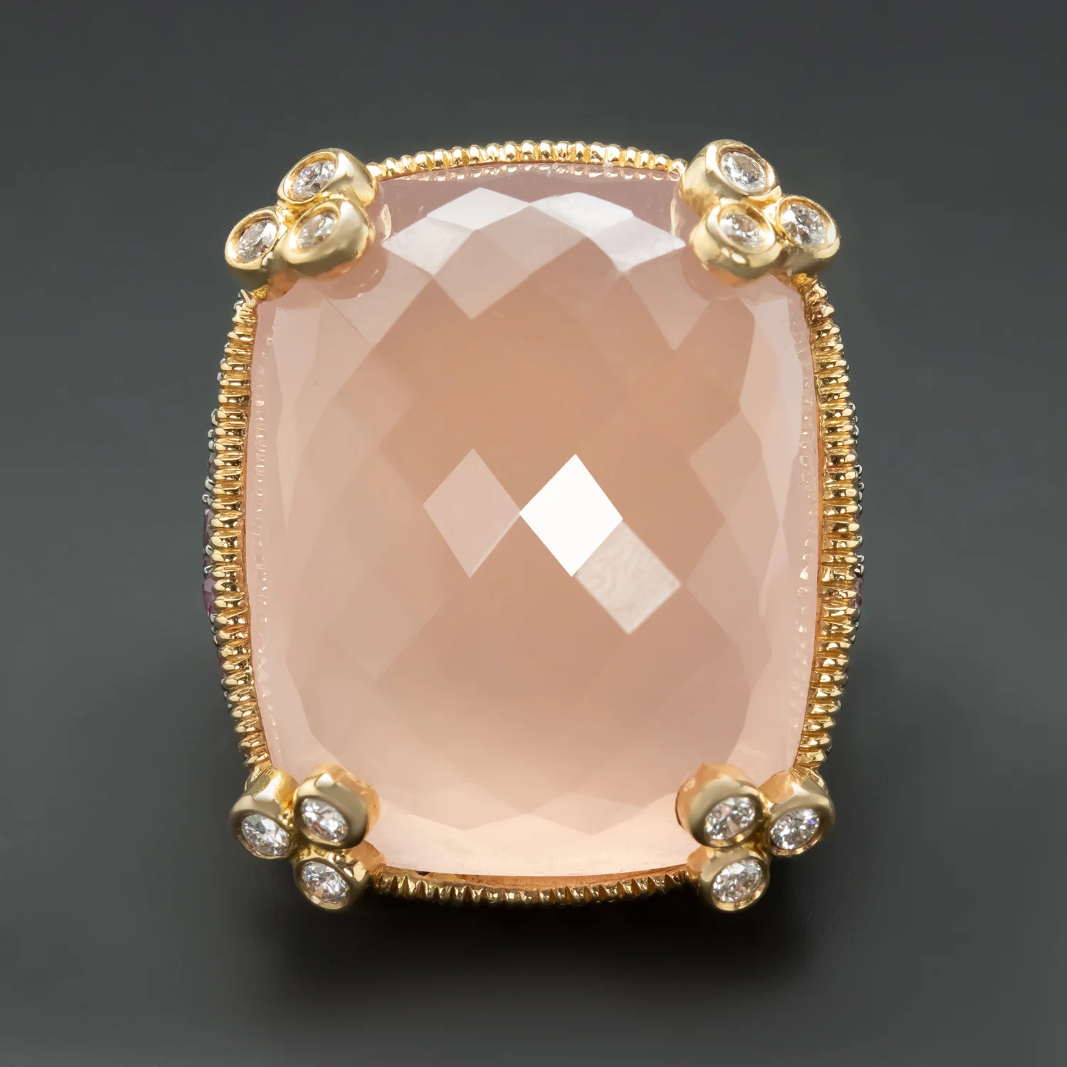 30ct DESIGNER ROSE QUARTZ PINK SAPPHIRE DIAMOND COCKTAIL RING 18k YELLOW GOLD