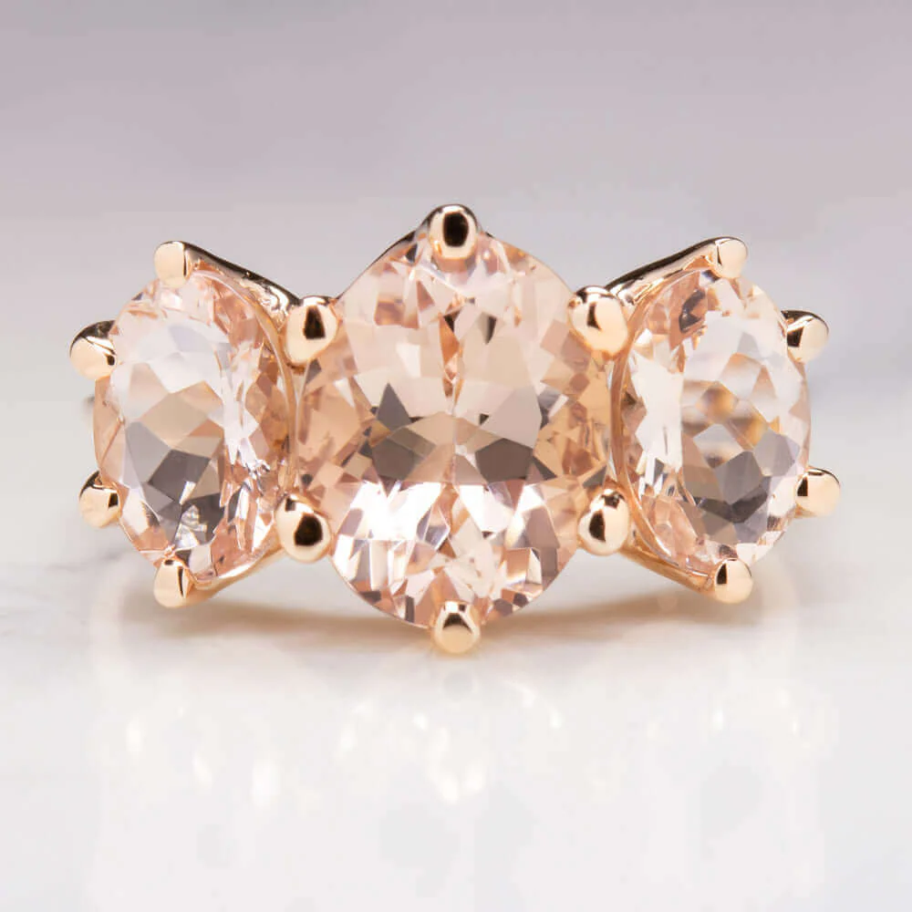 4.5ct MORGANITE 3 STONE RING OVAL CUT SHAPE PINK PEACH 14K ROSE GOLD RIGHT HAND