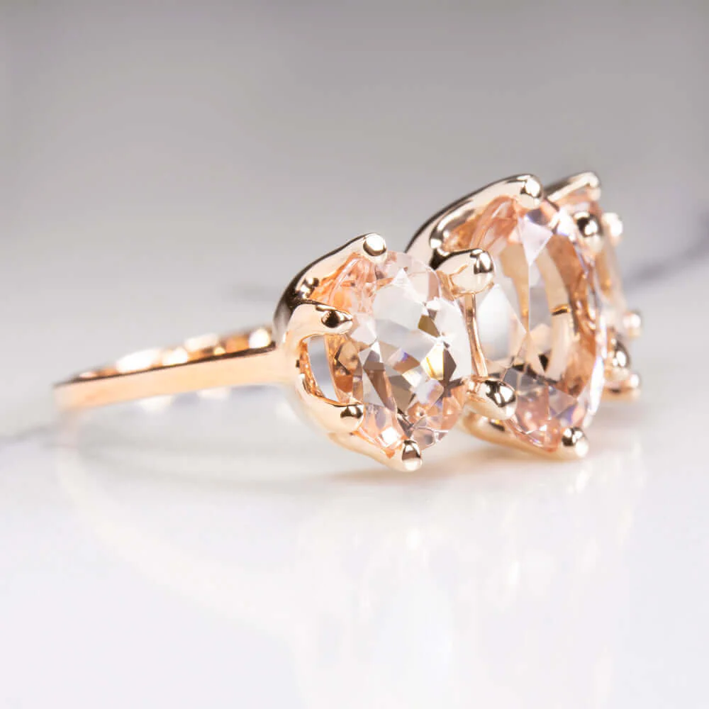 4.5ct MORGANITE 3 STONE RING OVAL CUT SHAPE PINK PEACH 14K ROSE GOLD RIGHT HAND - Image 2