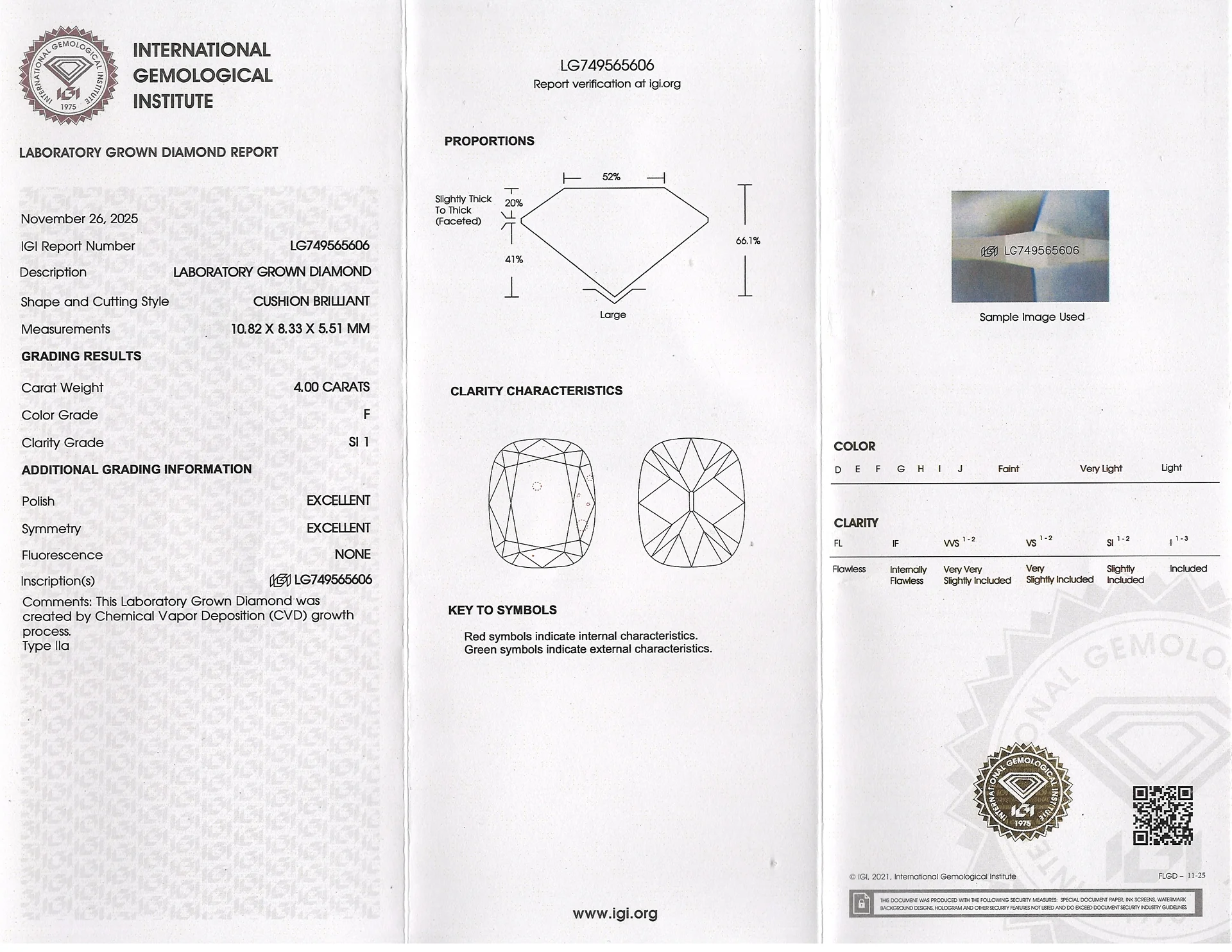 4 CARAT OLD MINE CUT LAB CREATED DIAMOND IGI CERTIFIED F SI1 CUSHION BRILLIANT - Image 2