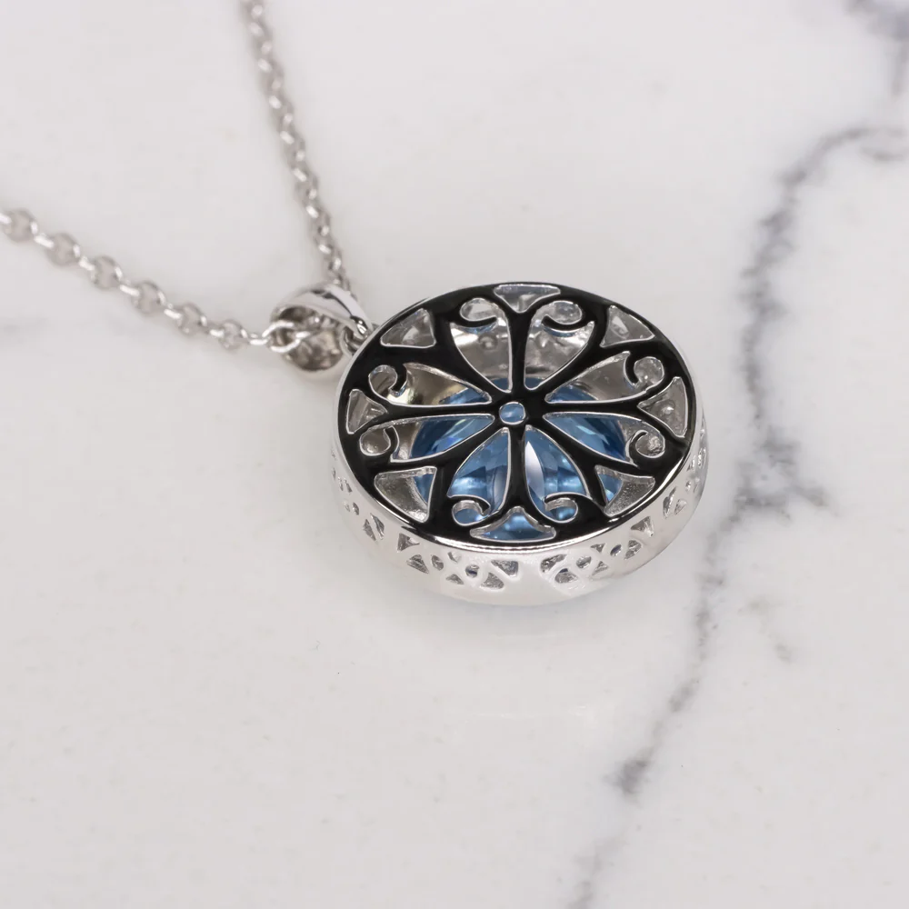 4 ct SWISS BLUE TOPAZ DIAMOND PENDANT NECKLACE 14k WHITE GOLD HALO ROUND CUT - Image 2
