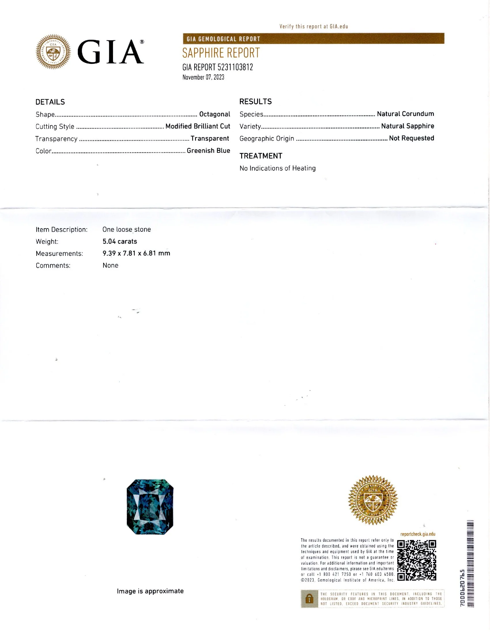 5.04ct GIA CERTIFIED NO HEAT SAPPHIRE TEAL BLUE GREEN RADIANT CUT LOOSE 5 CARAT - Image 2