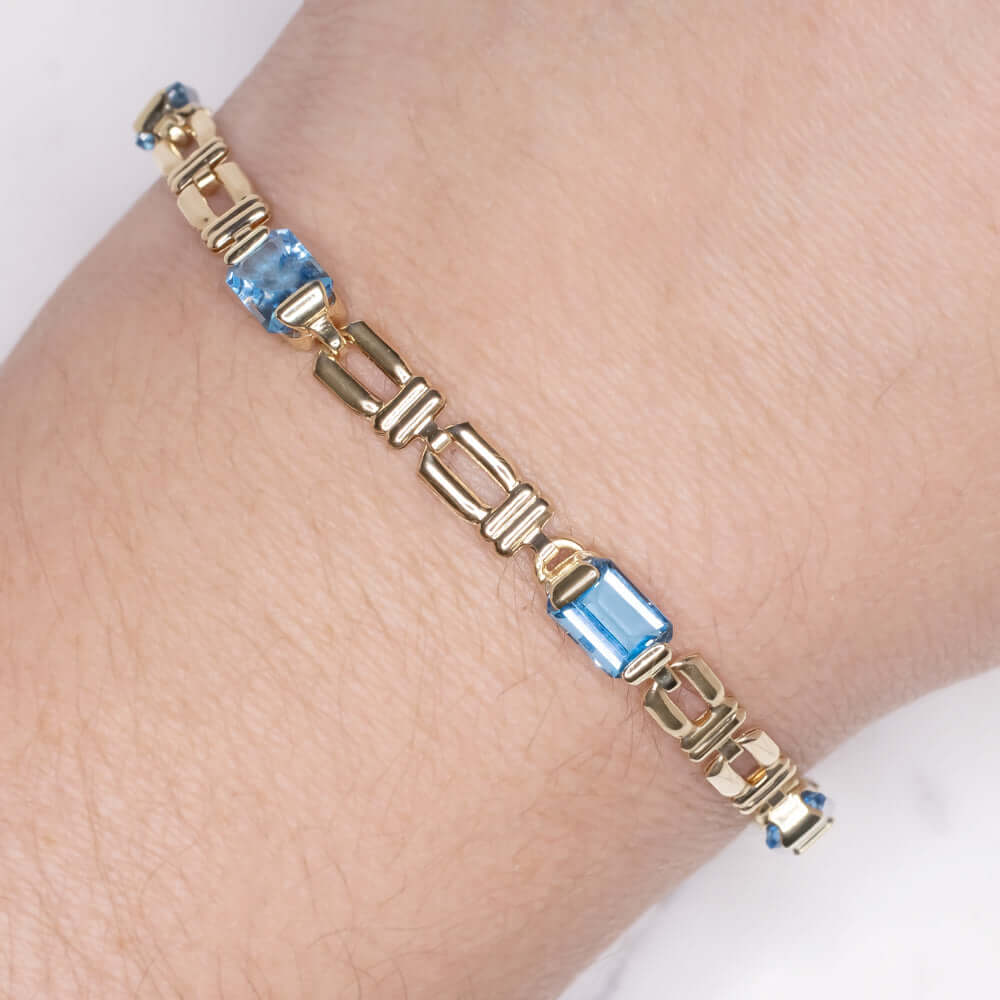5 CARAT SWISS BLUE TOPAZ 14k YELLOW GOLD BRACELET CHUNKY CHAIN ESTATE RETRO 5ct - Image 2