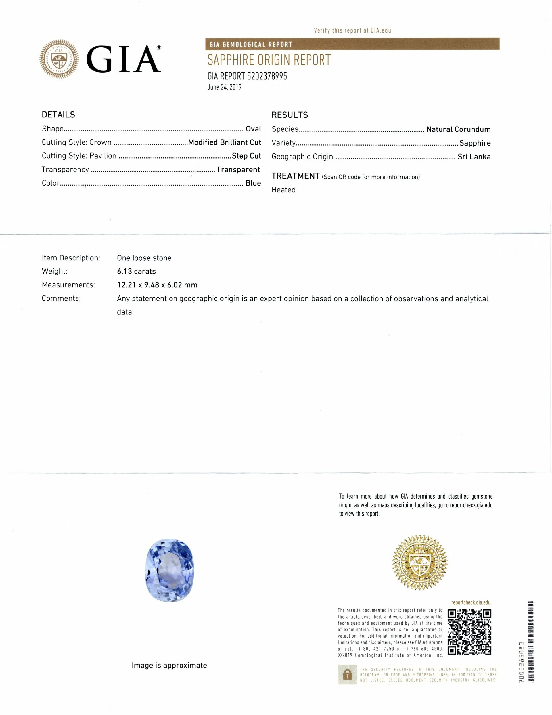 6.13ct CEYLON SAPPHIRE GIA CERTIFIED CORNFLOWER BLUE NATURAL OVAL SHAPE 6 CARAT - Image 2