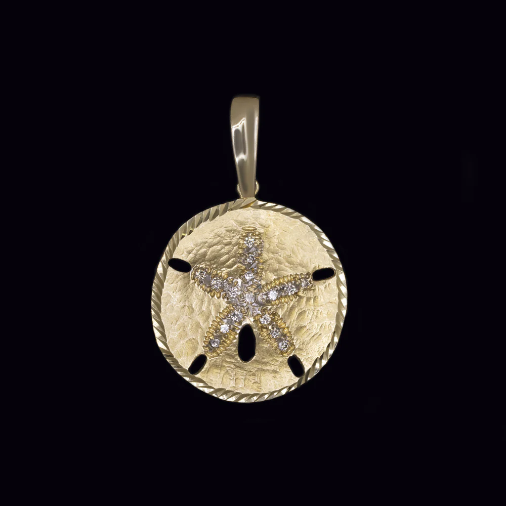 6.5gm SOLID 14k YELLOW GOLD DIAMOND SAND DOLLAR CHARM PENDANT JEWELRY NECKLACE