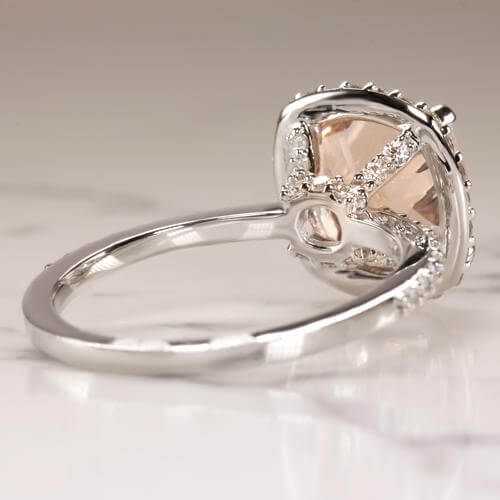 9MM PINK MORGANITE 1/2c DIAMOND CUSHION CUT HALO ENGAGEMENT RING WHITE GOLD PAVE - Image 4