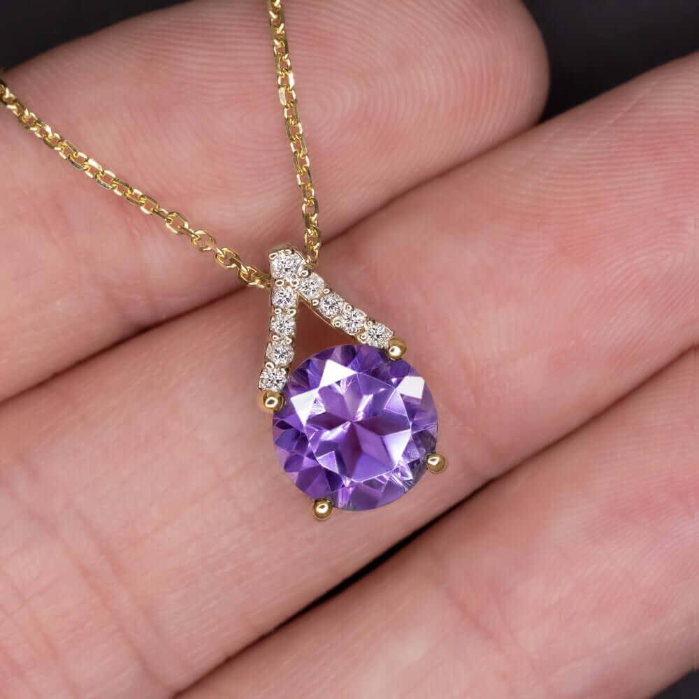 AMETHYST NATURAL DIAMOND PENDANT YELLOW GOLD NECKLACE PURPLE FEBRUARY BIRTHSTONE