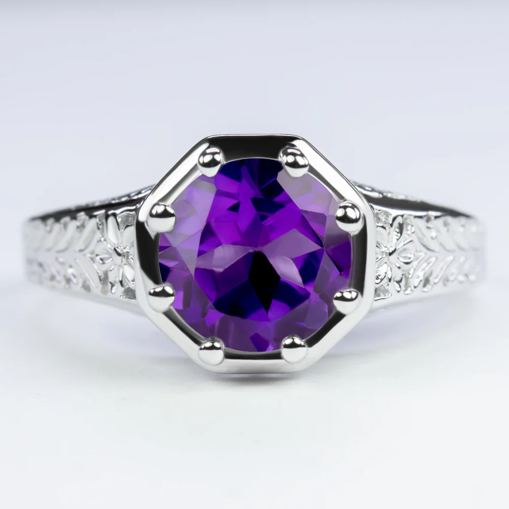 AMETHYST STERLING SILVER RING VINTAGE STYLE ART DECO SOLITAIRE ROUND CUT PURPLE