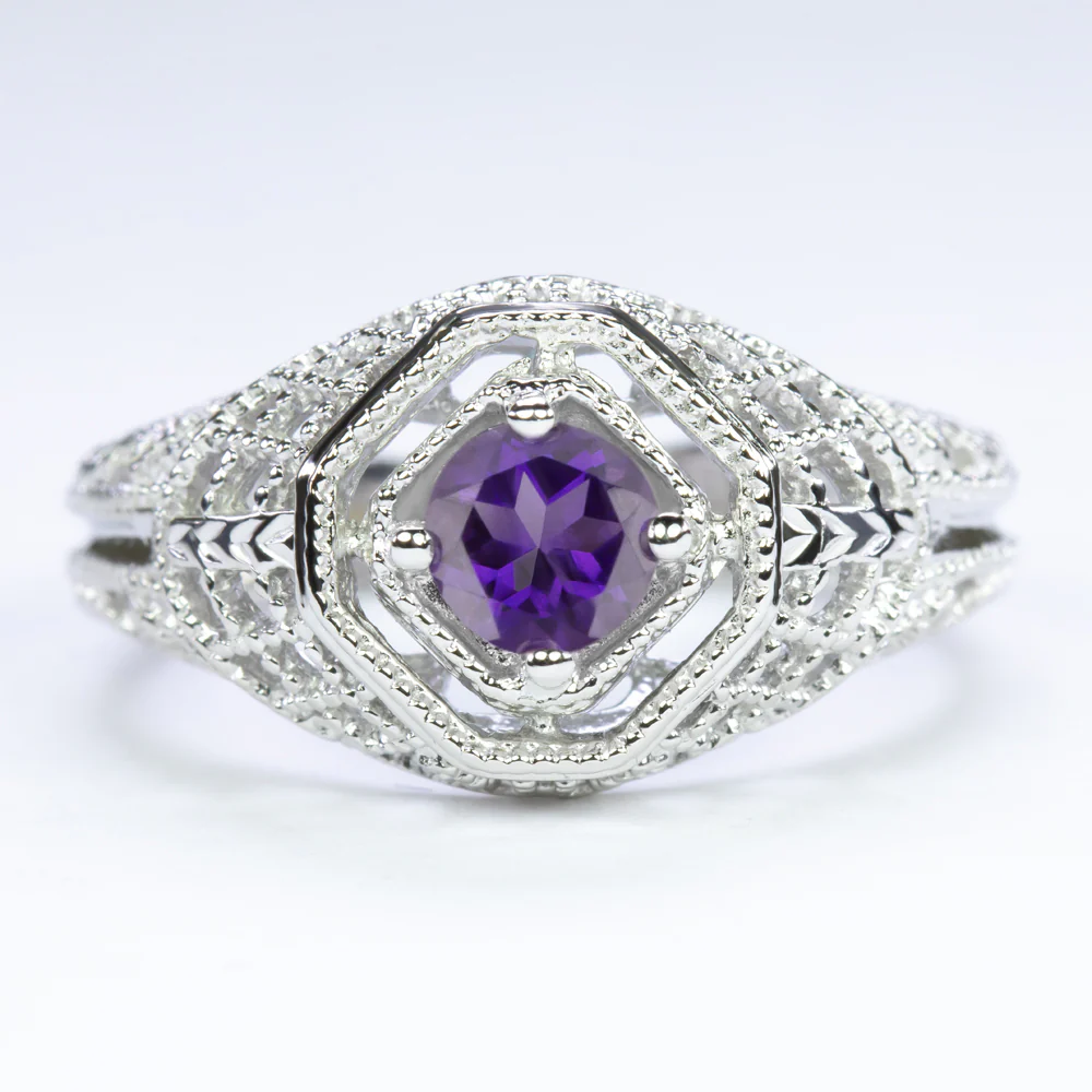 AMETHYST STERLING SILVER RING VINTAGE STYLE SOLITAIRE FILIGREE ROUND ART DECO