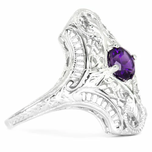 AMETHYST STERLING SILVER VINTAGE STYLE COCKTAIL RING ART DECO FILIGREE PURPLE - Image 2
