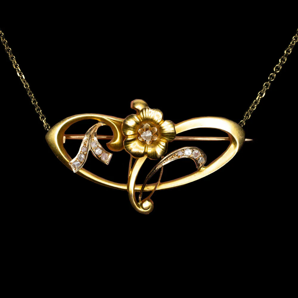 ANTIQUE ART NOUVEAU DIAMOND 14K GOLD PIN PENDANT ESTATE NECKLACE BROOCH FLOWER - Image 3